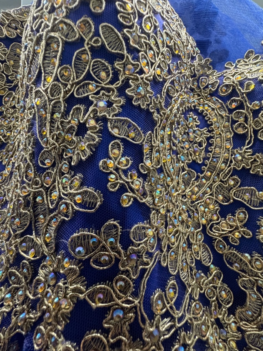 Royal Blue Gold Lace Fit & Flare Party Dress - Size M - Picture 4 of 9